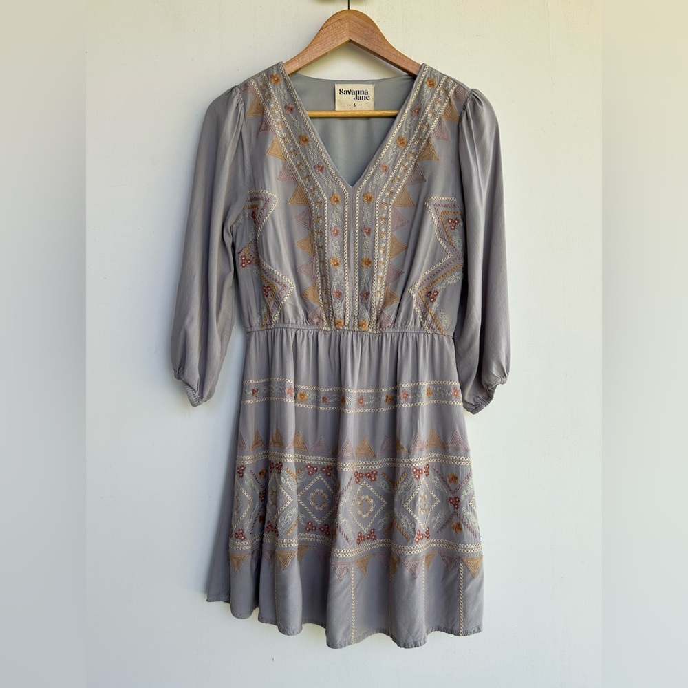 Savanna Jane Dress Gray Embroidered Floral Boho 3/4 Sleeve Women's Size Small